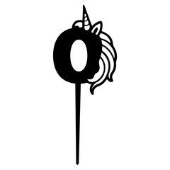 Letter o with unicorn design as cake topper in black and white silhouette style illustration art