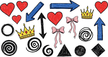 Vector art of assorted handdrawn doodle icons with hearts, arrows, crowns, bows, and geometric shapes