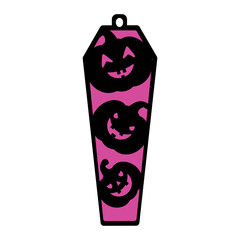 Pink coffin shaped ornament featuring three black jack o lanterns with smiling faces stacked vertically