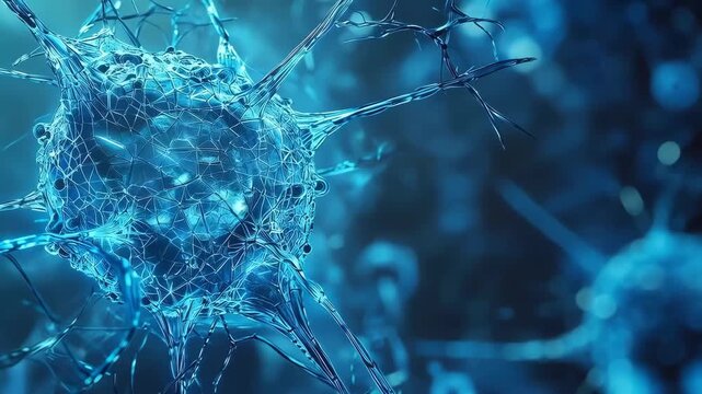 Close-up abstract blue neural network illustration showing interconnected neurons, synapses, and glowing data pathways to convey artificial intelligence, neuroscience research