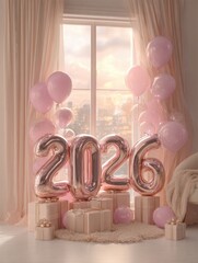 Celebrating the Future: A pastel-toned scene of anticipation, featuring a cluster of rose-gold balloons forming the year 2026, surrounded by soft pink balloons, elegantly wrapped gifts.