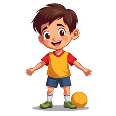 Cheerful young boy standing with football in colorful sports attire  