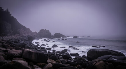 moody coastal landscape on foggy day. dark, wet rocks line shore as waves crash from misty sea. dramatic, atmospheric scene with purple tint.