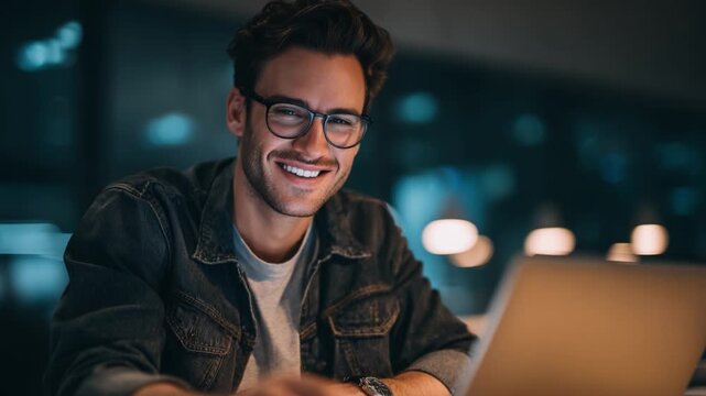 A joyful young man with glasses smiling brightly while working on a laptop in a dimly lit modern workspace, showcasing a moment of contentment and productivity.