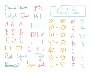 Colorful handwritten student grade chart template, academic grading scale vector, school result sheet design with marks range, grade points, pass fail boxes, editable education illustration.