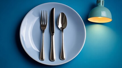 Blue plate with a fork, knife, and spoon on it. The plate is placed on a blue background. The fork is positioned on the left side of the plate, the knife is in the middle