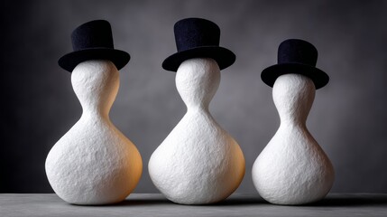 Three snowmen are standing on a table, each wearing a black hat. The hats are black and the snowmen are white. The scene is simple and straightforward, with the focus on the hats and the snowmen