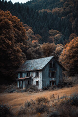 Creepy abandoned house stands in a gloomy autumn forest