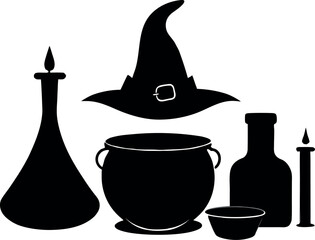 Minimal Witch Hat, Cauldron, and Potion Bottle &ndash; Halloween Silhouette Art