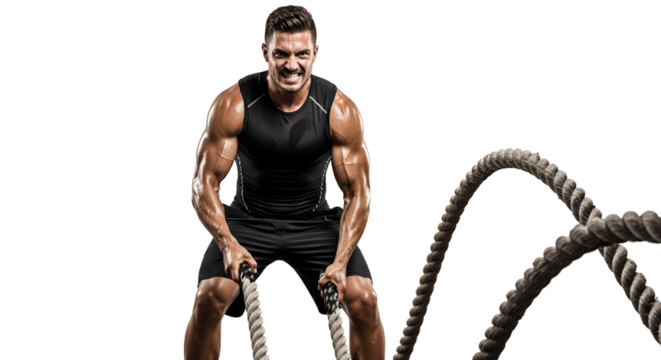 Strong Athlete Doing Intense Battle Rope Training with Muscular Effort on Transparent Background - Powered by Adobe