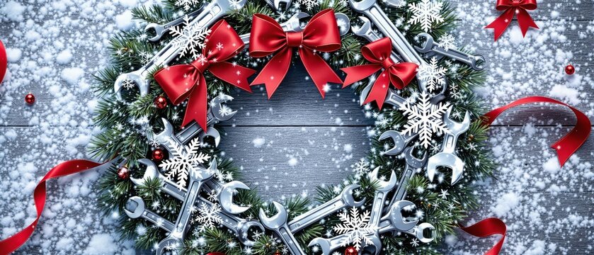 Christmas mechanic wreath made of wrenches nuts bolts and snowflake ornaments with red bows on rustic wooden background winter workshop