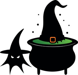 Witch Hat with Tattered Edges Next to Cauldron &ndash; Halloween Illustration