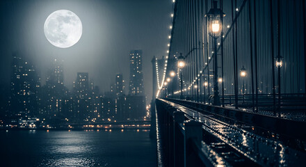 Obraz premium Rainy Night Over City Skyline With Full Moon and Bridge Lights
