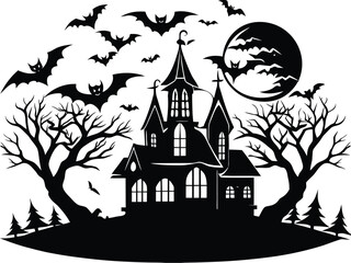 Halloween, vector illustration vector art of a spooky haunted house silhouette with bats flying around, perfect for halloween themed designs and decorations	