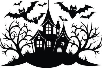 Halloween, vector illustration vector art of a spooky haunted house silhouette with bats flying around, perfect for halloween themed designs and decorations	