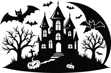 Halloween, vector illustration vector art of a spooky haunted house silhouette with bats flying around, perfect for halloween themed designs and decorations	
