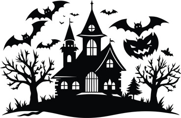 Halloween, vector illustration vector art of a spooky haunted house silhouette with bats flying around, perfect for halloween themed designs and decorations	