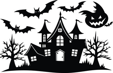 Halloween, vector illustration vector art of a spooky haunted house silhouette with bats flying around, perfect for halloween themed designs and decorations	