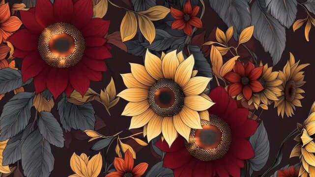Close up floral pattern featuring sunflowers and warm orange blossoms among dark leaves, a decorative botanical wall art design for home decor and seasonal imagery