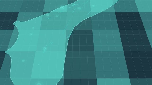 Futuristic Holographic Map of Guam &ndash; Digital Polygon Territory Visualization on 3D Grid, Communication 