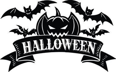 Fototapeta premium Halloween vector art of halloween themed illustration showcasing a grinning pumpkin, a spider, and a larger spider, all above a banner with the word halloween in a dripping font 