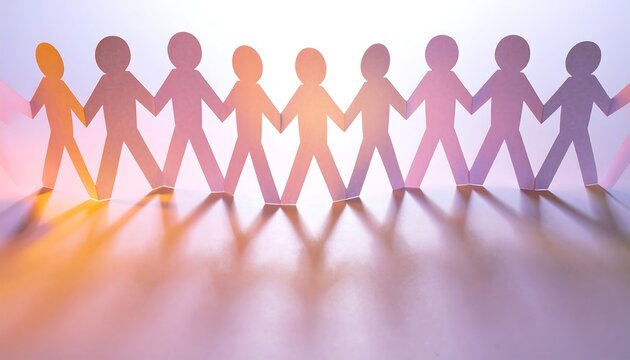 United paper people holding hands symbolize teamwork, community, and collaboration, perfect for business concepts or social campaigns about unity and support