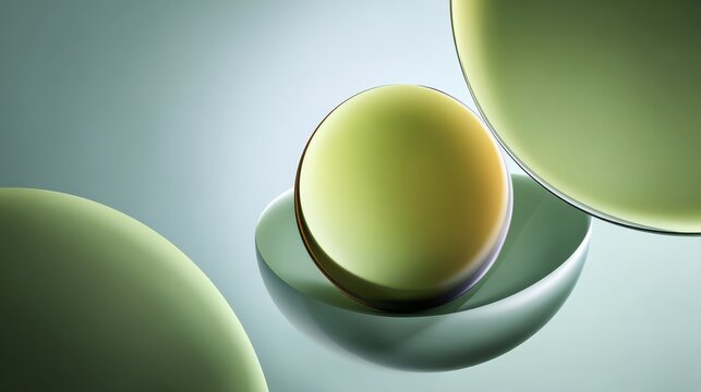 Green sphere is in the center of a bowl. The bowl is surrounded by other spheres, creating a sense of depth and dimension. The image conveys a feeling of harmony and balance