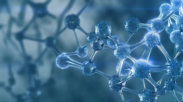 Close up view of a blue molecular structure with interconnected atoms and chemical bonds, illustrating chemistry, nanotechnology, biotechnology, and research concepts for visuals