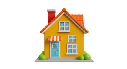 Cartoon Yellow House with Red Roof and Blue Door Keywords: house, cartoon, illustration, yellow