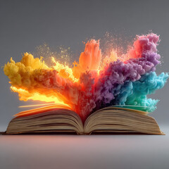 Open book releasing billowing clouds of colorful smoke, warm orange colliding with teal and violet; soft glow, floating dust and spark specks create a dreamlike scene about stories transforming into l