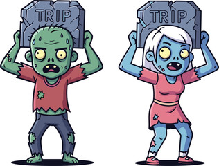 Zombie gravestone, cartoon horror, spooky humor, undead characters, Halloween illustration, creepy parody, funny zombies, graveyard scene, trip stone, animated undead
