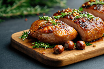 Sliced roasted goose with crackling golden skin and fragrant rosemary, displayed on a wooden cutting board alongside whole chestnuts, creating a cozy and festive holiday meal in a studio setting