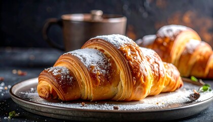 Two sugared croissants on a dark plate, with a dark mug in the background