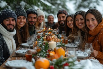 Friends share laughter during a cozy holiday dinner.