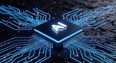 Futuristic ai chip with glowing circuitry on black background