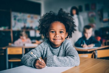 African child smiling in classroom with other children learning