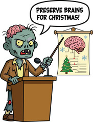 Zombie presenter, cartoon speech, spooky Christmas, undead lecture, brain chart, horror parody, festive humor, creepy education, animated talk, Halloween twist