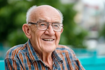 Elderly caucasian male smiling outdoors in plaid shirt