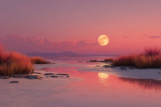 Pink sky and full Moon reflecting on still water during late evening in a landscape showing distant mountains and shoreline with tall grass