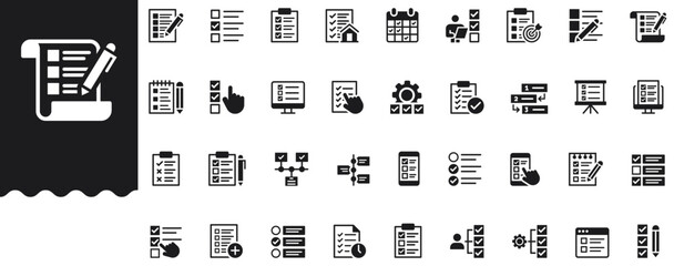 To-do list and Checklist solid icon set features task, productivity, schedule, agenda, workflow, goal, notes, deadline, work, management and planning symbols. Professional, minimal vector collection.