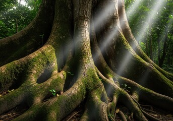 A large tree with thick, gnarled roots and a thick trunk, covered in moss and lichen