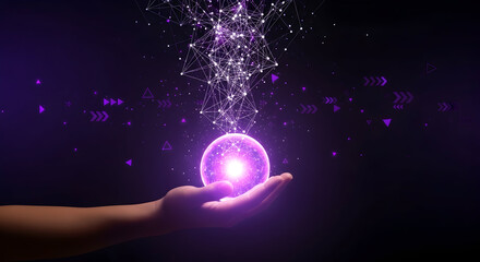 Hand holding glowing crystal ball with network connections