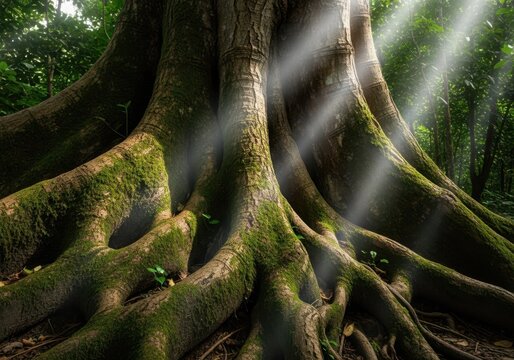 A large tree with thick, gnarled roots and a thick trunk, covered in moss and lichen