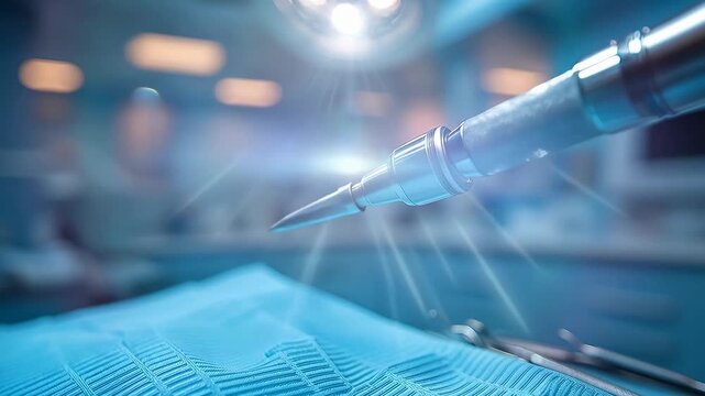 Close-up of a surgical needle threading through tissue in a sterile operating room, with blue drapes and medical equipment in the background, emphasizing precision and asepsis.