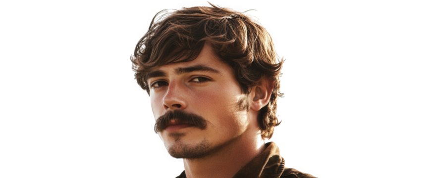 A captivating portrait of a man with a mustache, isolated on transparent background, showcasing his rugged charm and intense gaze in a natural setting