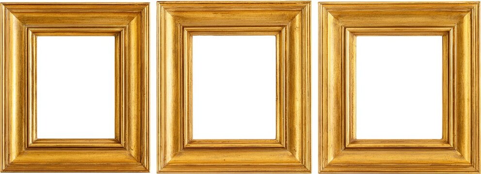 Three gold picture frames against a white background