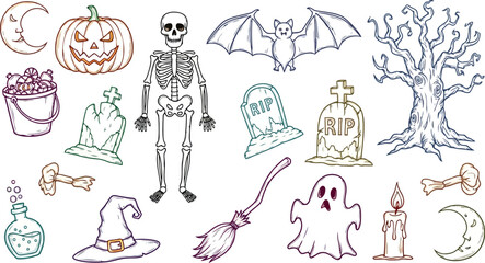 Vector art of halloween elements collection with pumpkin, skeleton, bat, ghost, and tree