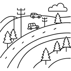 Outline drawing of a road with cars, trees, and power lines