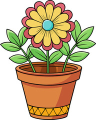 Brightly colored flower in a terracotta pot with green leaves