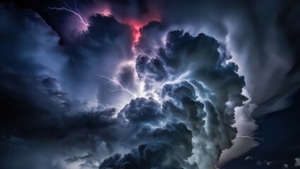 Dramatic dark storm clouds are brewing across the sky, electrifying the atmosphere with powerful lightning flashes and creating a vibrant, intense weather display of energy and elemental force